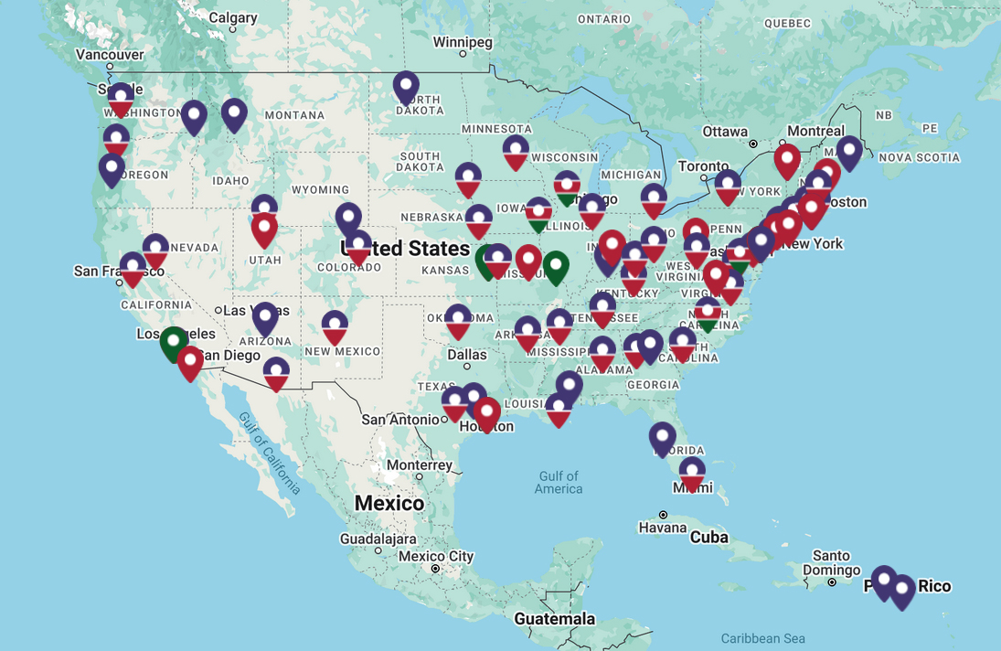 The map of the United States of America, Mexico, and territories with markers indicating AUCD Network Centers and Programs.